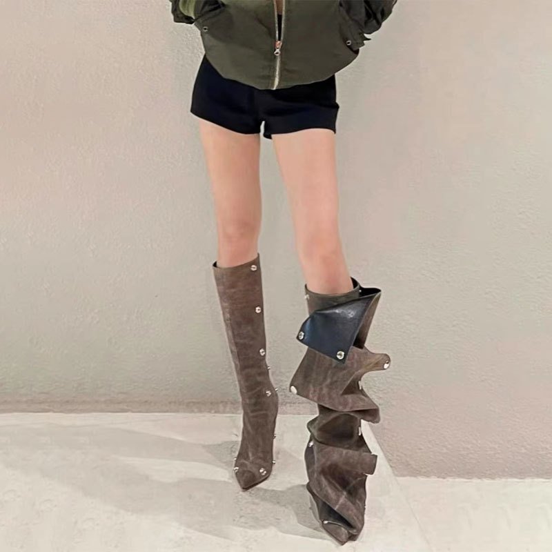 XINZI RAIN Wholesale Ladies Heel Boots Size 44 Pointy Toe Denim Wide Calf Women Knee High 10.5cm Stiletto Boots For Tall Women