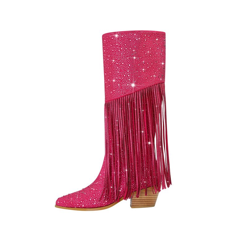 2024 Women's Tassel Rhinestone-Embellished Knee-High Heel Boots Zip Closure Increasing Western Spring Summer Autumn Winter