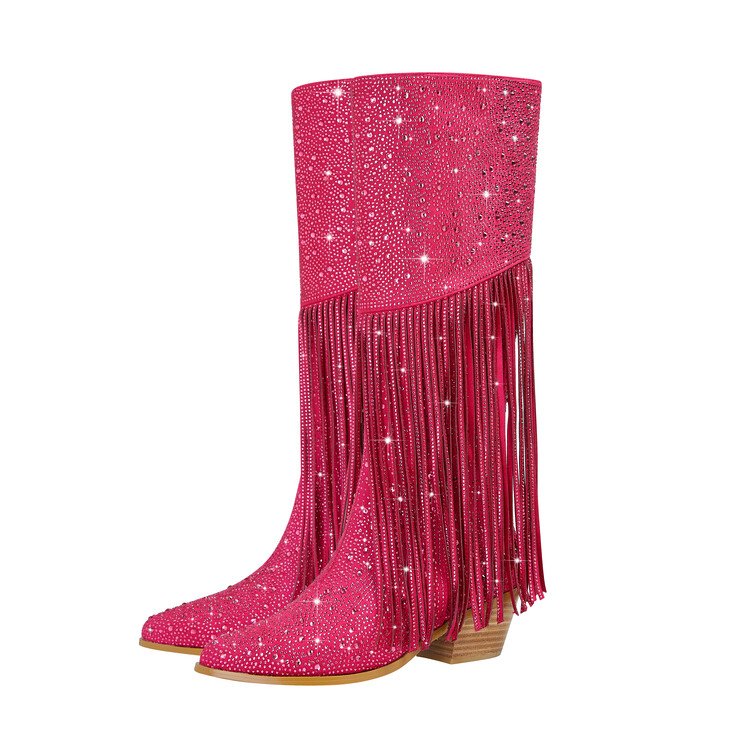 2024 Women's Tassel Rhinestone-Embellished Knee-High Heel Boots Zip Closure Increasing Western Spring Summer Autumn Winter