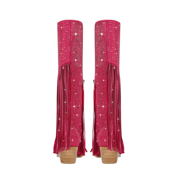 2024 Women's Tassel Rhinestone-Embellished Knee-High Heel Boots Zip Closure Increasing Western Spring Summer Autumn Winter