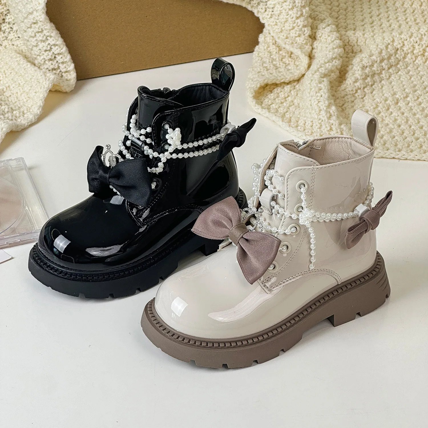 Winter New Children Girls Pearls Bow Short Boots Kids Toddler Fashion Soft Bottom Anti-slippery Plush Warmth Boots