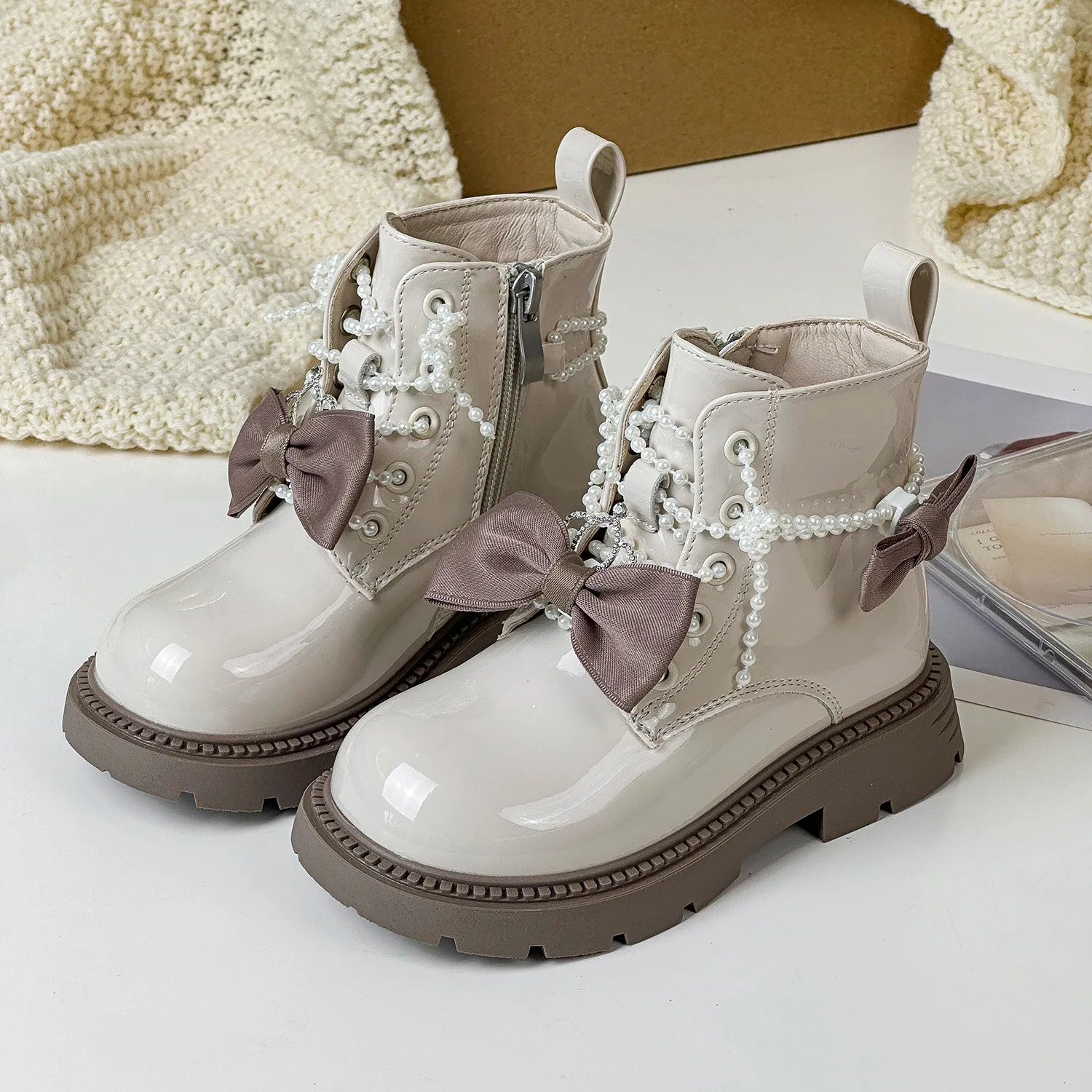 Winter New Children Girls Pearls Bow Short Boots Kids Toddler Fashion Soft Bottom Anti-slippery Plush Warmth Boots