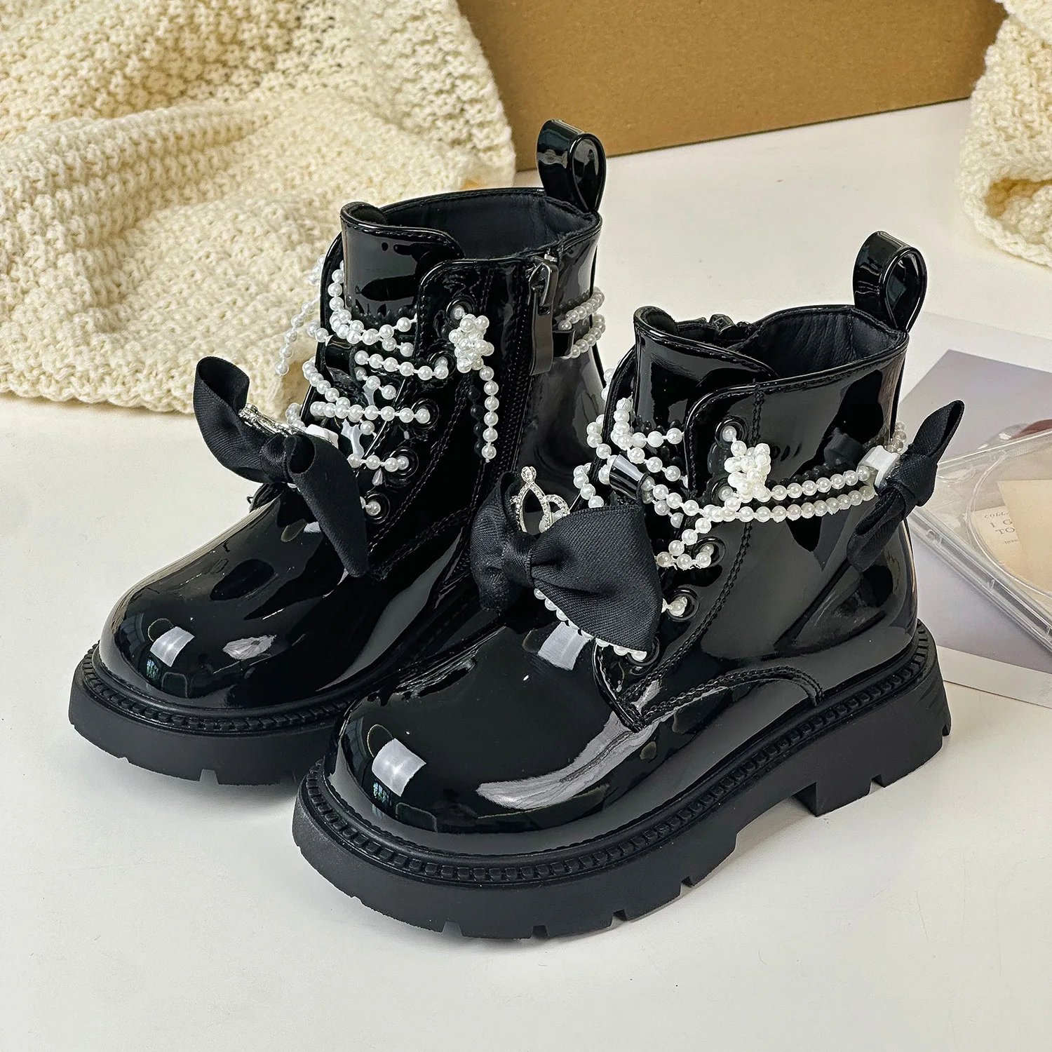 Winter New Children Girls Pearls Bow Short Boots Kids Toddler Fashion Soft Bottom Anti-slippery Plush Warmth Boots