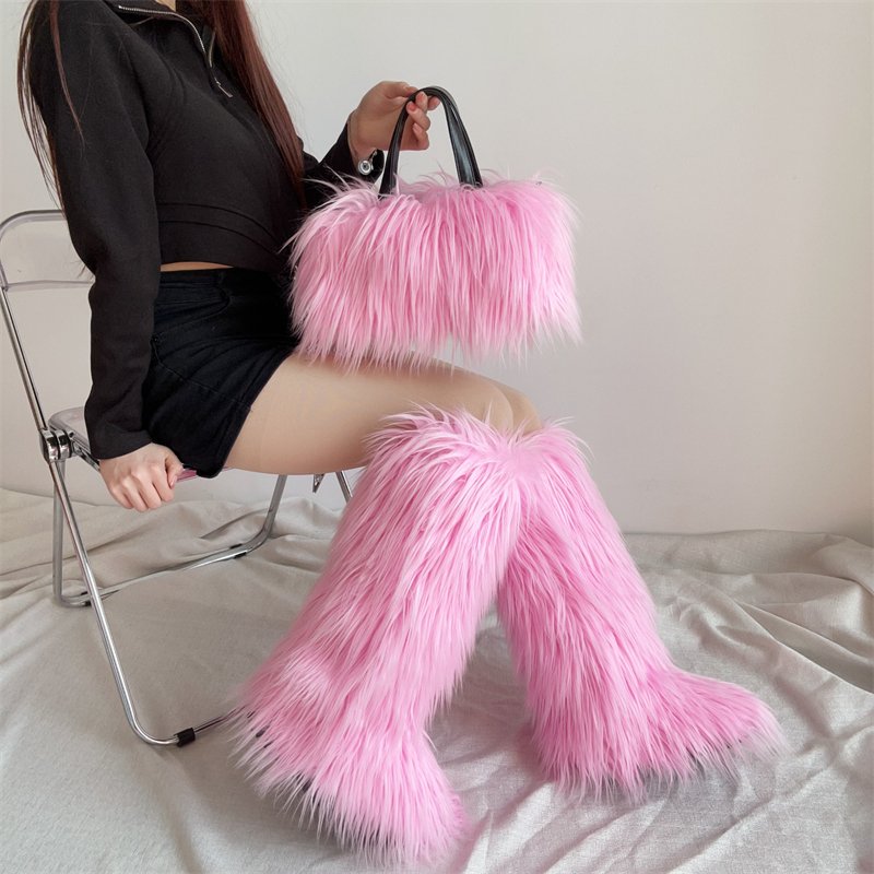Winter Women Faux Fur Boots And Bag Set Furry Warm Snow Boots Cute Heart-shaped Fur Handbag Girls Platform Plush Boots