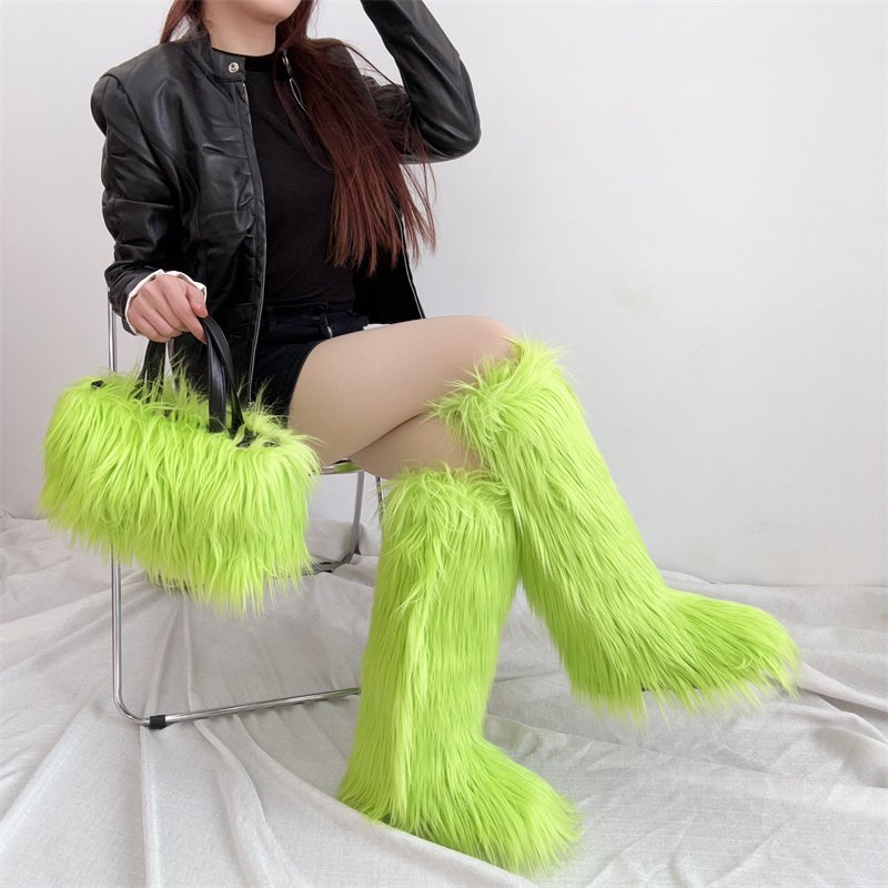 Winter Women Faux Fur Boots And Bag Set Furry Warm Snow Boots Cute Heart-shaped Fur Handbag Girls Platform Plush Boots