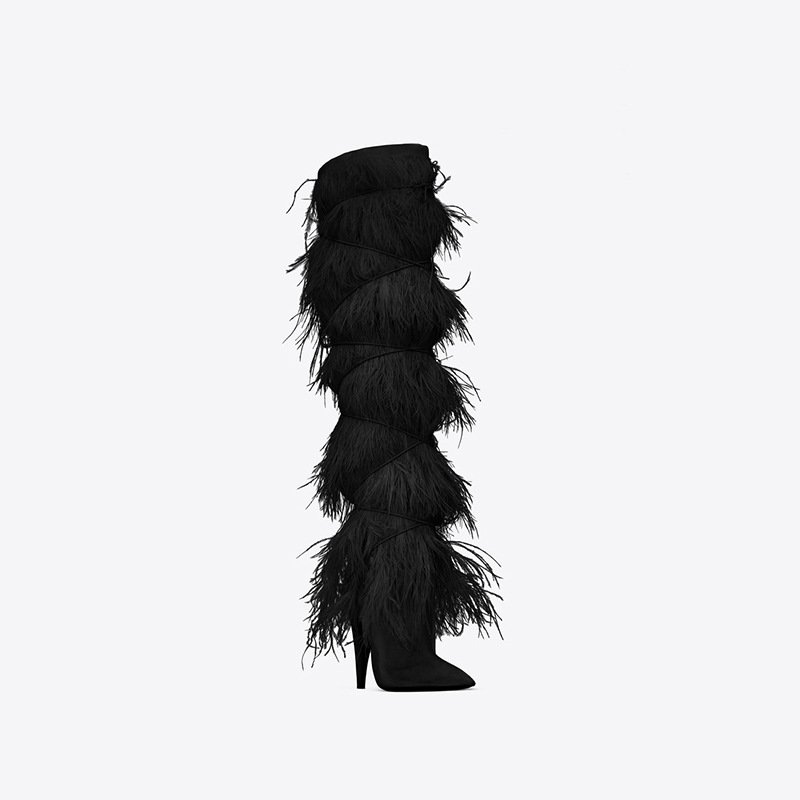 2024 Autumn/Winter Fashion Feather Long tube Boots Sexy High Heels Pointed Boots Ostrich Fur Large Shoes
