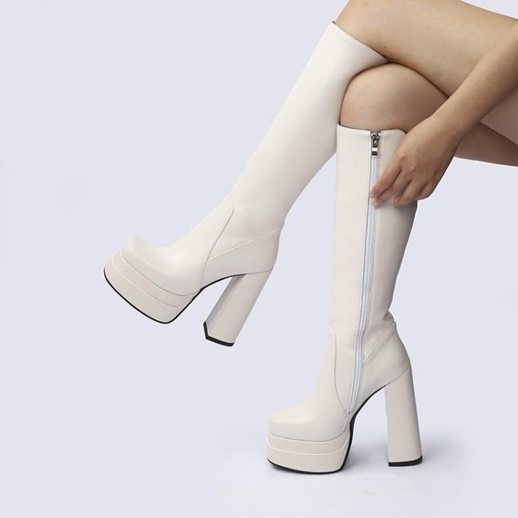 S403 Hot Autumn winter hot selling high heel round toe square woman's boots black knitted elastic comfortable mid-tube boots