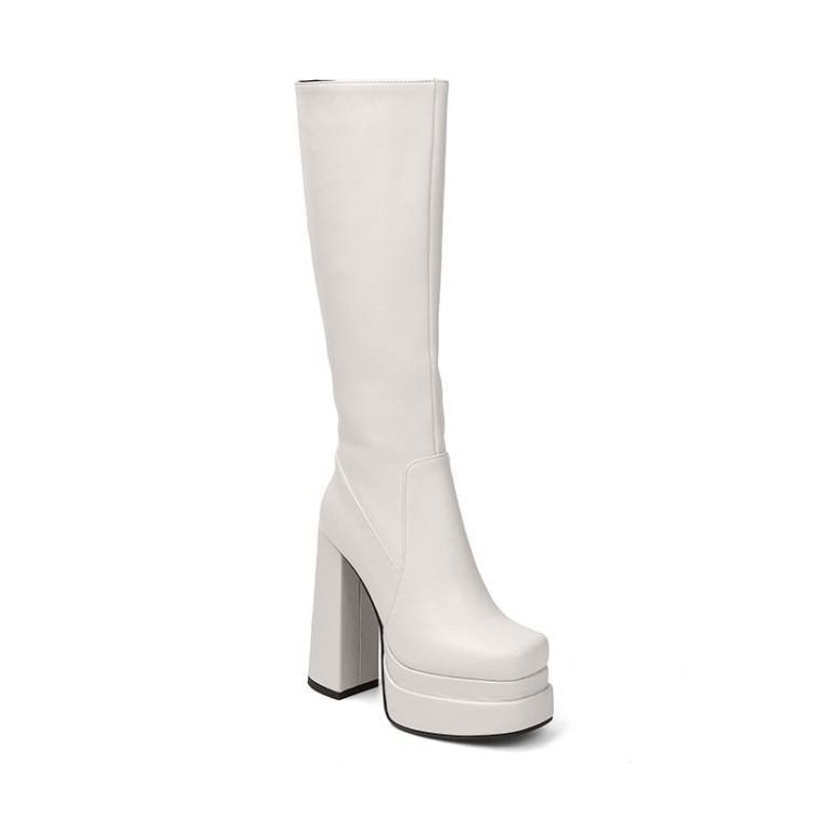 S403 Hot Autumn winter hot selling high heel round toe square woman's boots black knitted elastic comfortable mid-tube boots