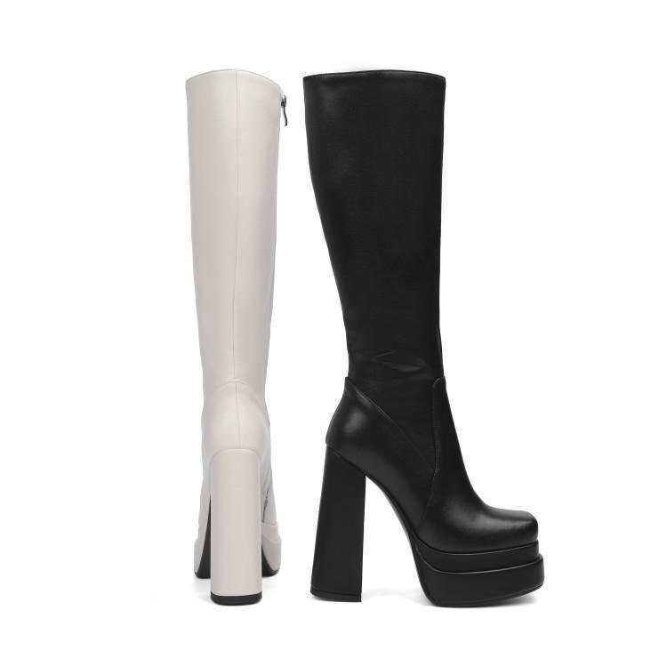 S403 Hot Autumn winter hot selling high heel round toe square woman's boots black knitted elastic comfortable mid-tube boots