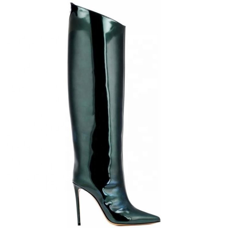 Anmairon Hot selling elegant red patent shiny PU pointed toe stiletto high heel knee ladies boots