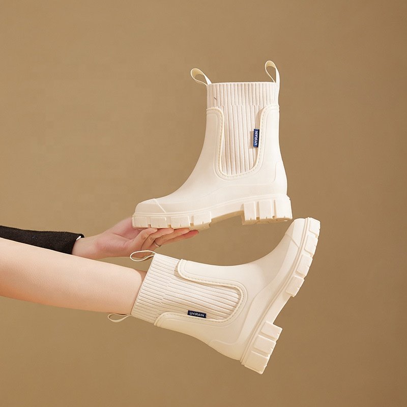 Fashion Women knee-high rain boots to keep warm PVC ladies slip-on snow boots with flarking to keep warm Hunting PVC boots