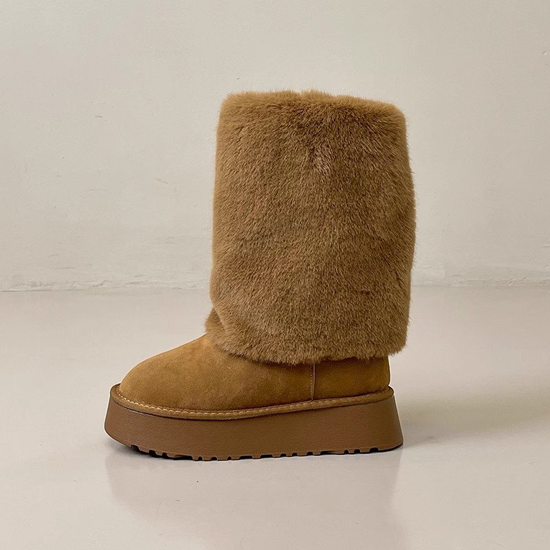 2023 winter new niche sponge cake thick soled plush boot solid color cold resistant snow boots women's plush warm cotton shoes