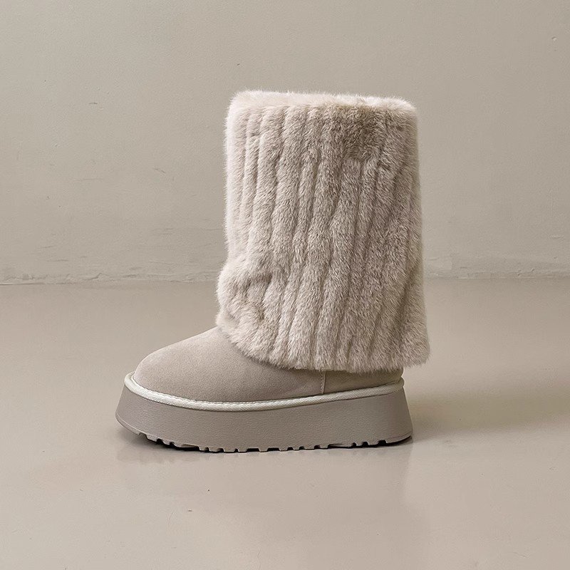 2023 winter new niche sponge cake thick soled plush boot solid color cold resistant snow boots women's plush warm cotton shoes
