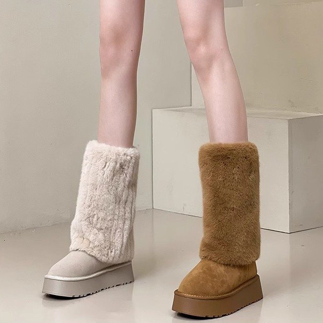 2023 winter new niche sponge cake thick soled plush boot solid color cold resistant snow boots women's plush warm cotton shoes