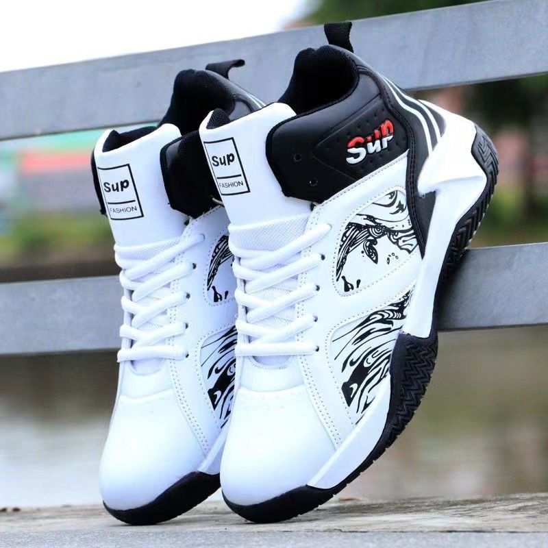 New Fashion Lace-up Shoes PU Leather High-top Casual Basketball Sports Shoes Anti-slip Print Men Boots