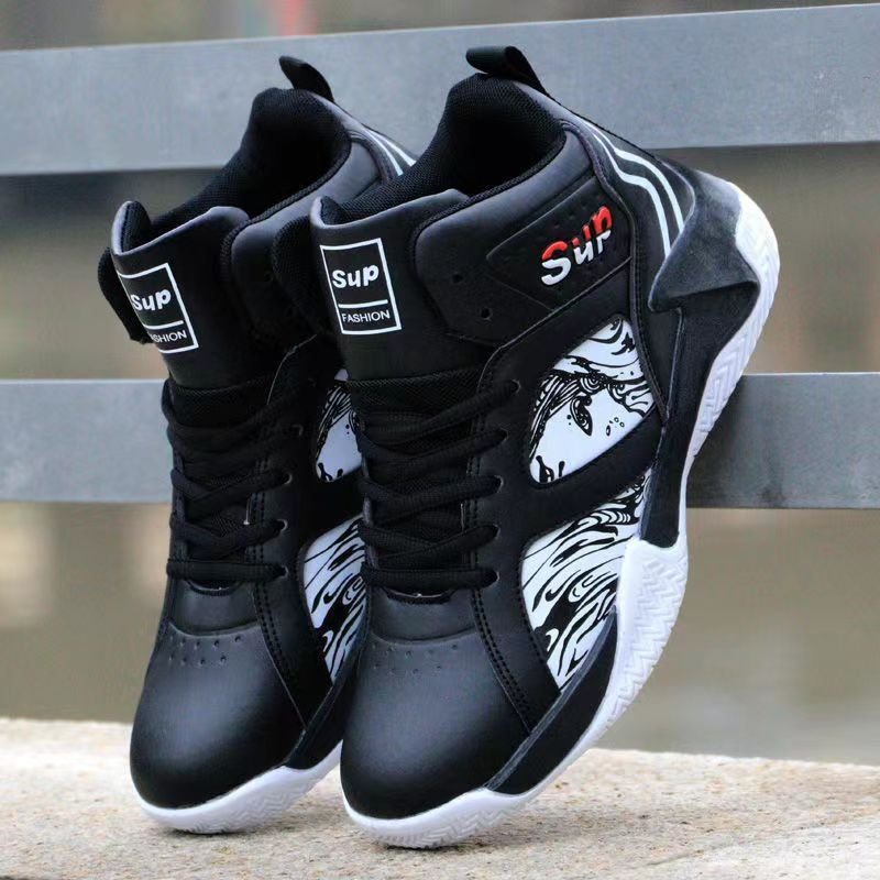 New Fashion Lace-up Shoes PU Leather High-top Casual Basketball Sports Shoes Anti-slip Print Men Boots