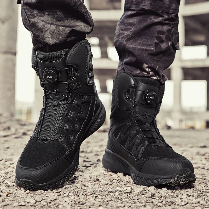 Men's High Top Tactical Boots Large Size Breathable Outdoor Field Hiking Mountaineering Soft Rubber Outsole Spinning Button