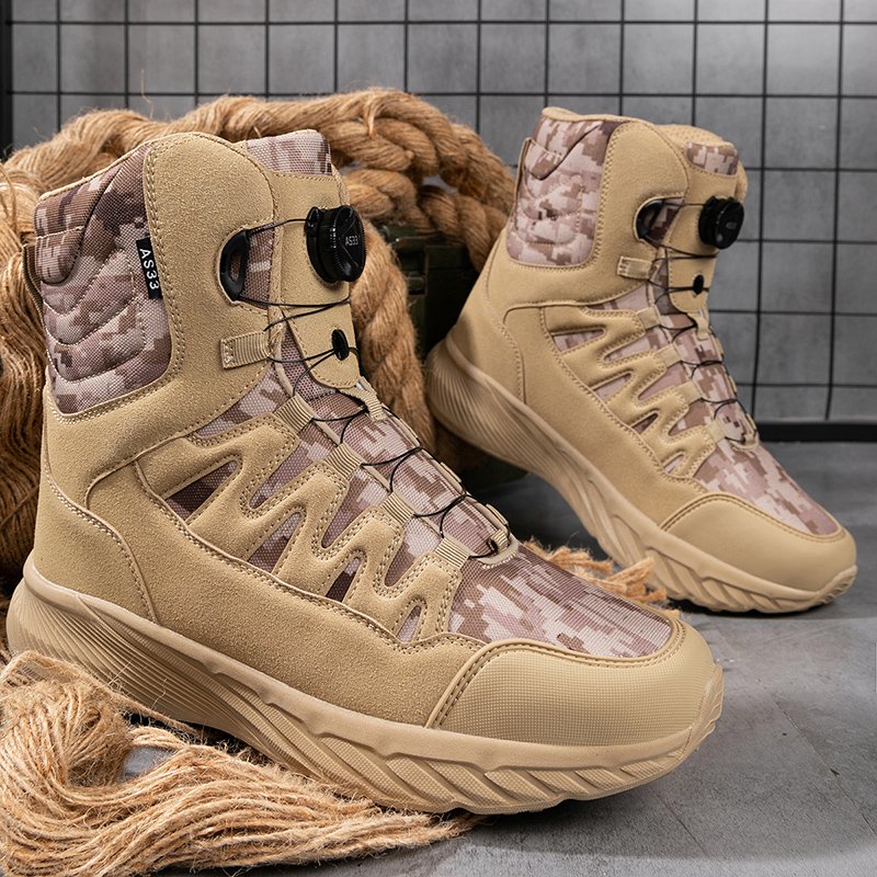 Men's High Top Tactical Boots Large Size Breathable Outdoor Field Hiking Mountaineering Soft Rubber Outsole Spinning Button