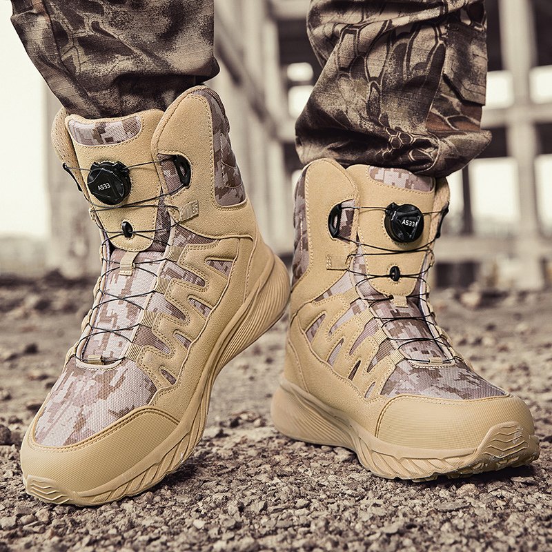 Men's High Top Tactical Boots Large Size Breathable Outdoor Field Hiking Mountaineering Soft Rubber Outsole Spinning Button