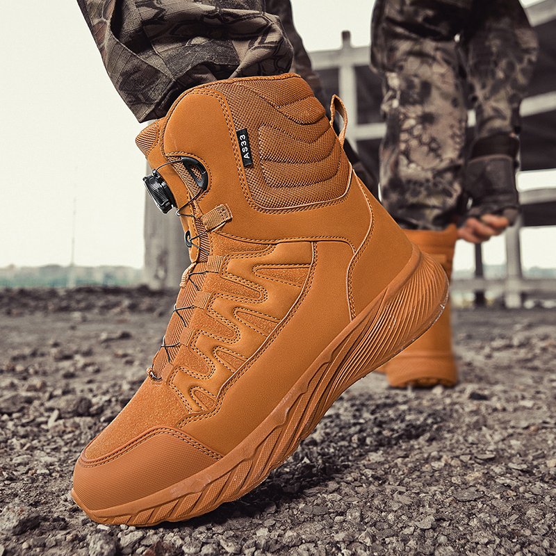 Men's High Top Tactical Boots Large Size Breathable Outdoor Field Hiking Mountaineering Soft Rubber Outsole Spinning Button