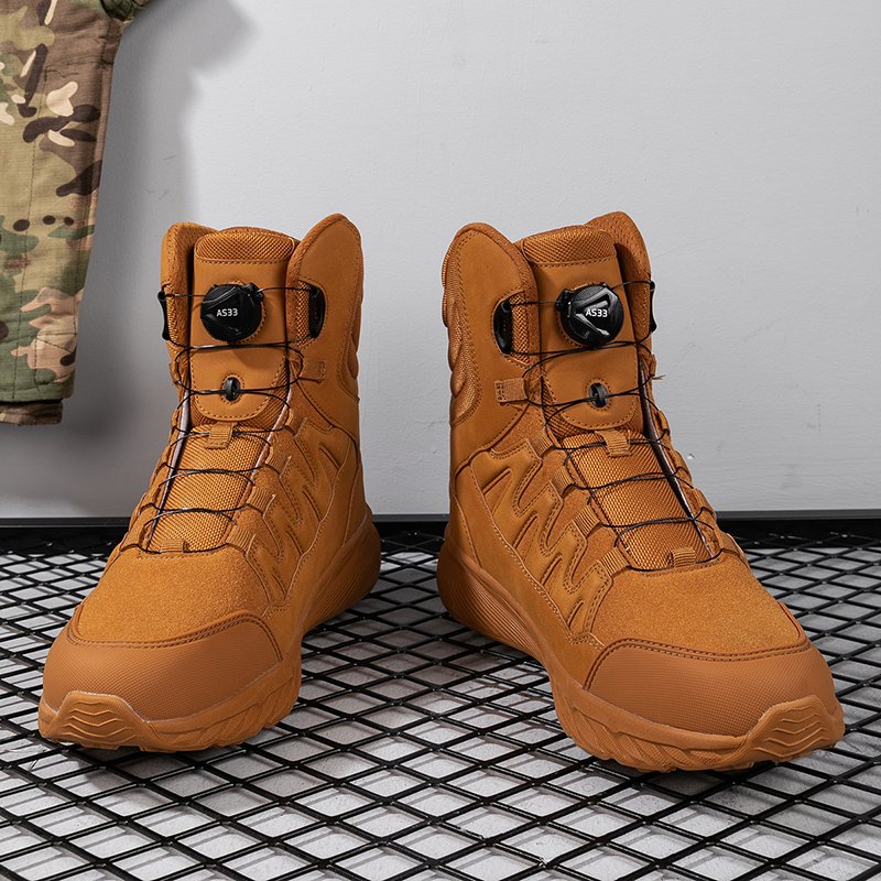 Men's High Top Tactical Boots Large Size Breathable Outdoor Field Hiking Mountaineering Soft Rubber Outsole Spinning Button