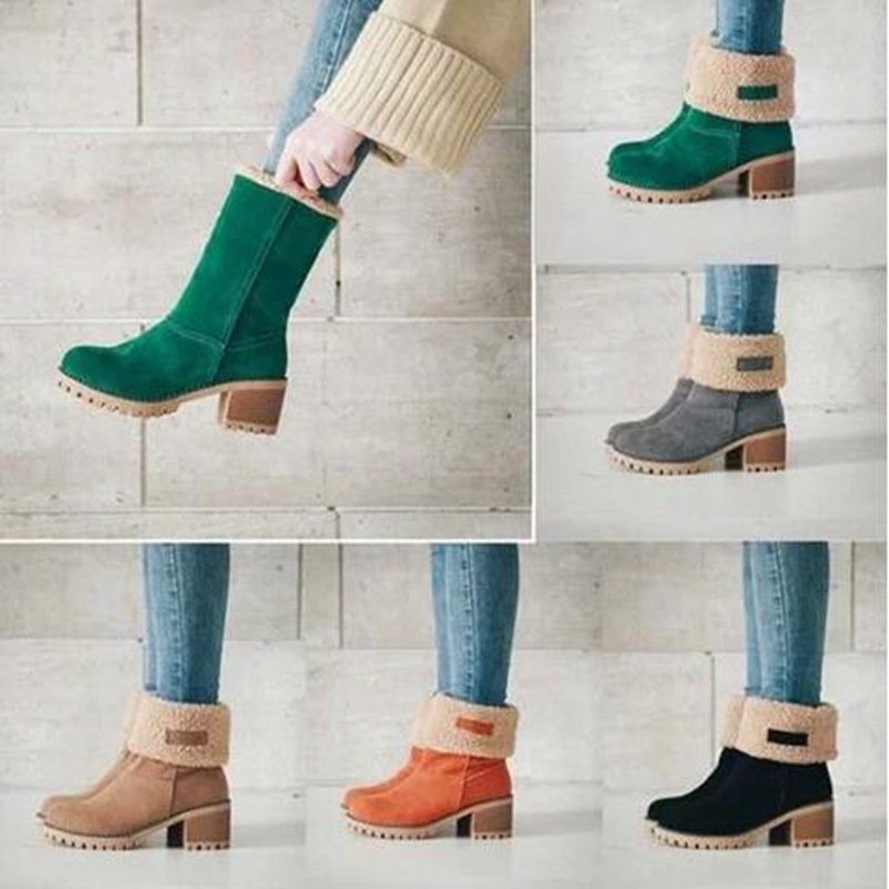 Solid Color Plush Warm Anti-Slippery Slip-On Winter Boots For Ladies Fashion Round Toe Chunky Heel Snow Boots