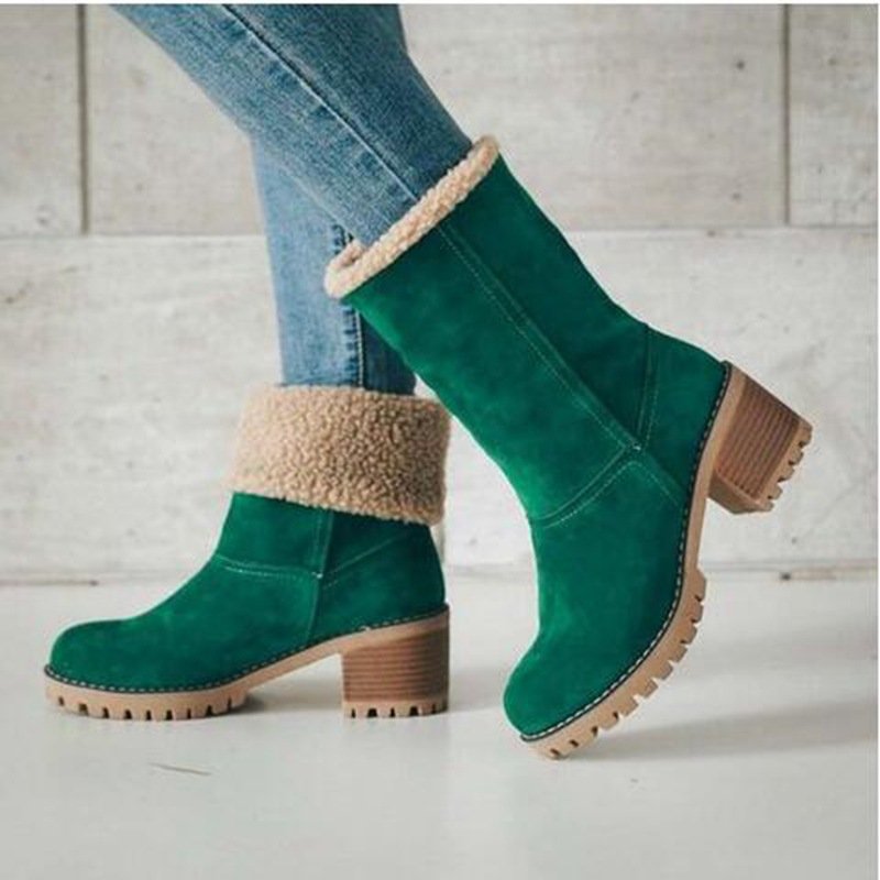 Solid Color Plush Warm Anti-Slippery Slip-On Winter Boots For Ladies Fashion Round Toe Chunky Heel Snow Boots
