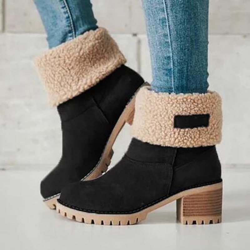 Solid Color Plush Warm Anti-Slippery Slip-On Winter Boots For Ladies Fashion Round Toe Chunky Heel Snow Boots
