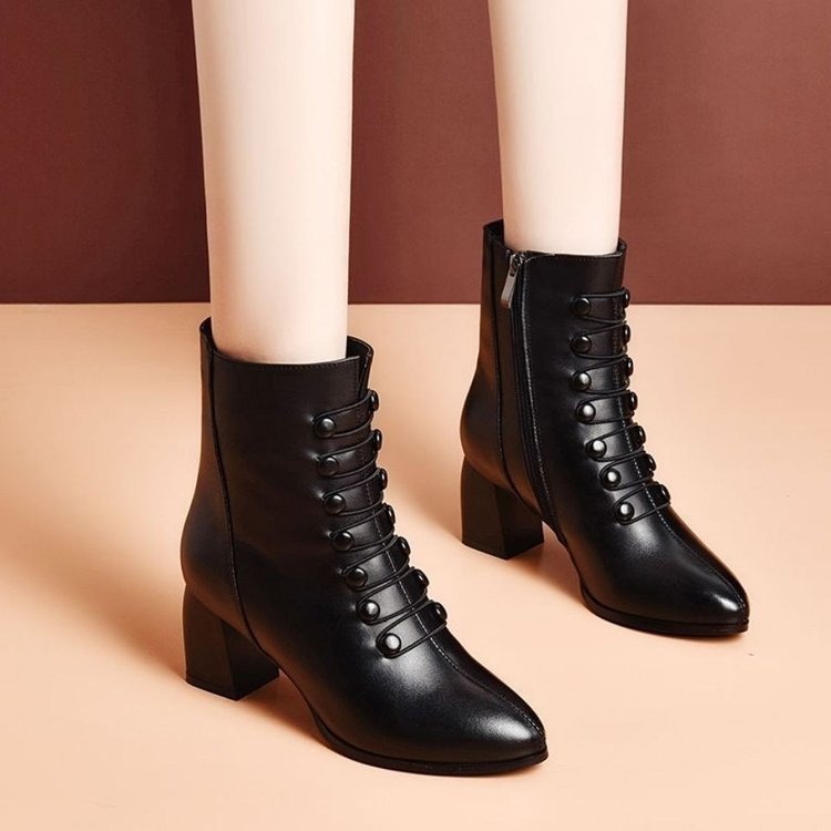 Xuanhui new design winter fashion side zipper leather warm soft sole thick heel shoes for women boots black