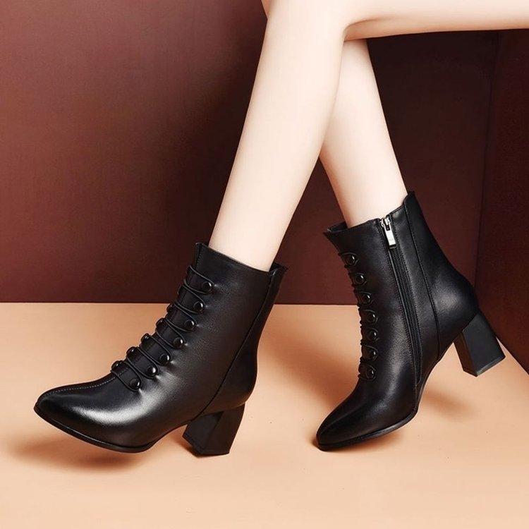 Xuanhui new design winter fashion side zipper leather warm soft sole thick heel shoes for women boots black