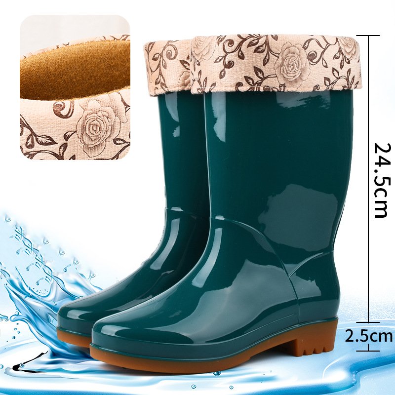 KLH495 Women Warm Wear Resistant Rain Boot Ladies Fleece Lined Rain Shoes PVC Rubber Middle Tube Rain Boots