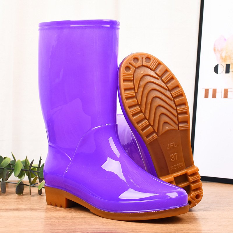 KLH495 Women Warm Wear Resistant Rain Boot Ladies Fleece Lined Rain Shoes PVC Rubber Middle Tube Rain Boots