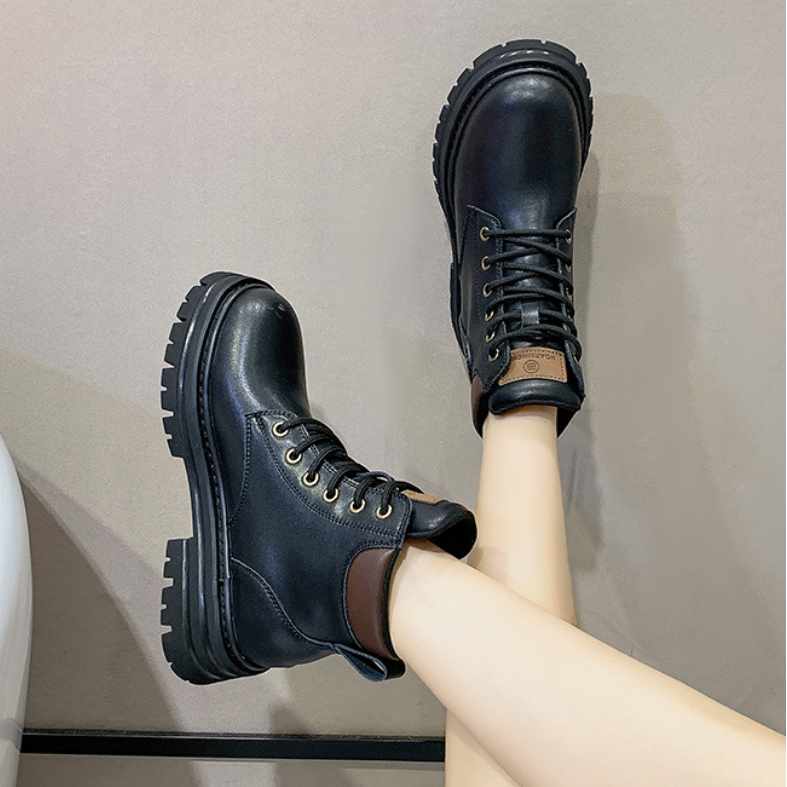 Fashion Chunky Heel Platform Leather Lace up Martin Women's Heel Shoe Ankle Boots for Women