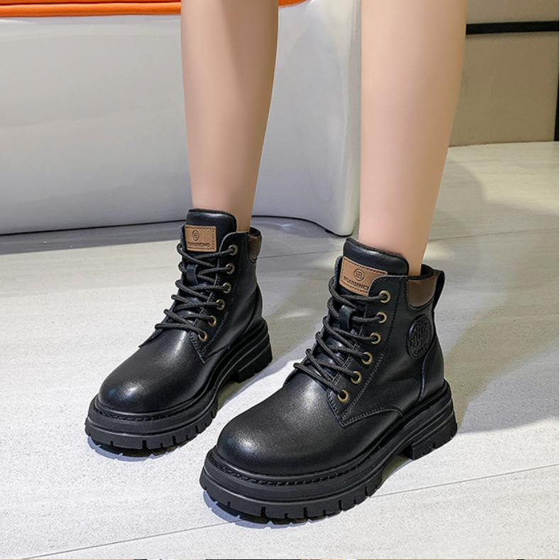 Fashion Chunky Heel Platform Leather Lace up Martin Women's Heel Shoe Ankle Boots for Women
