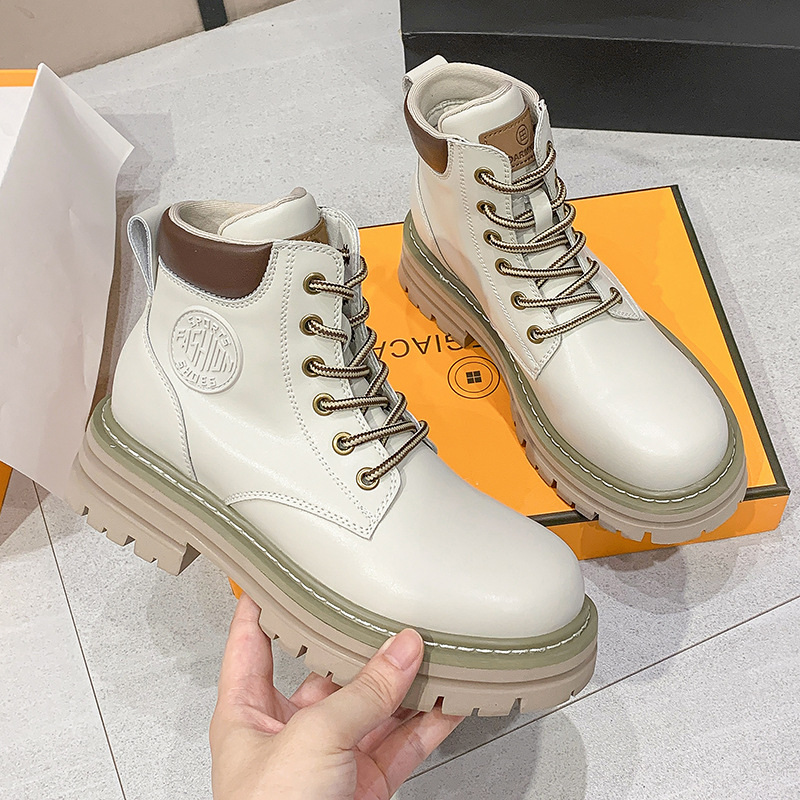 Fashion Chunky Heel Platform Leather Lace up Martin Women's Heel Shoe Ankle Boots for Women
