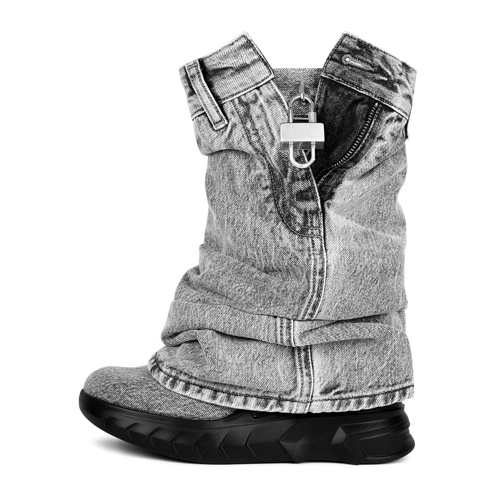 Women Thick Wedge Heels Round Toe Short Boots Shark Lock Overlay Cowboy Booties Retro Mid Calf Western Shoes