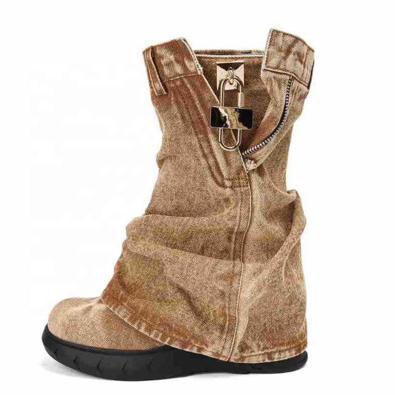 Women Thick Wedge Heels Round Toe Short Boots Shark Lock Overlay Cowboy Booties Retro Mid Calf Western Shoes