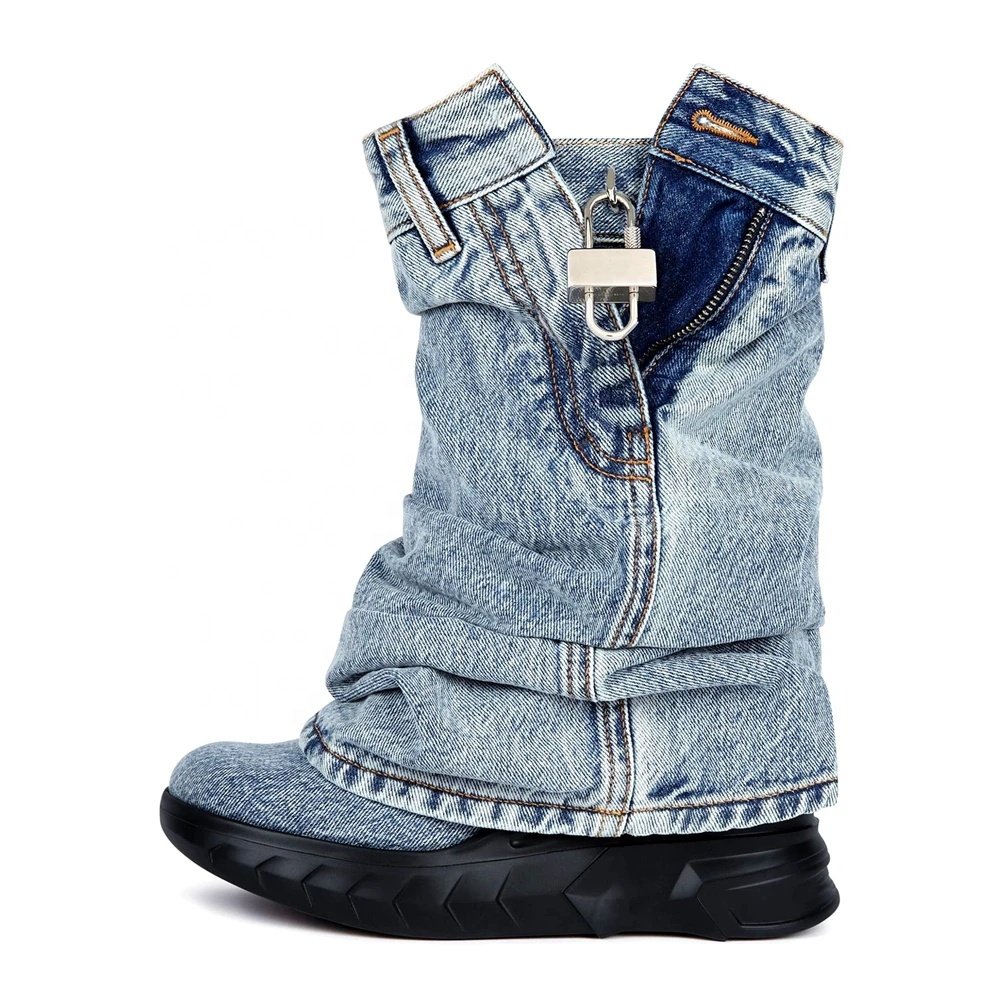 Women Thick Wedge Heels Round Toe Short Boots Shark Lock Overlay Cowboy Booties Retro Mid Calf Western Shoes