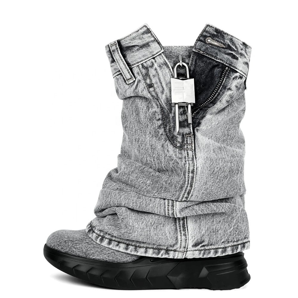 Women Thick Wedge Heels Round Toe Short Boots Shark Lock Overlay Cowboy Booties Retro Mid Calf Western Shoes