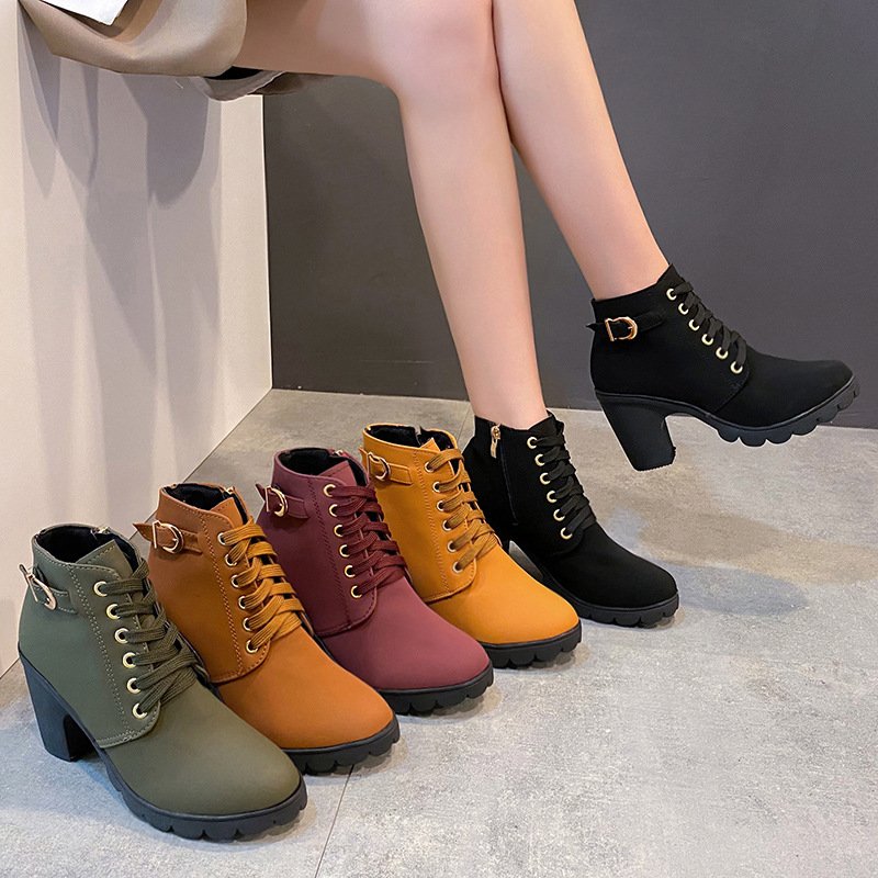 Xuanhui winter new round toe footwear latest chunky heel leather ankle boots platform slip on rear zipper booties