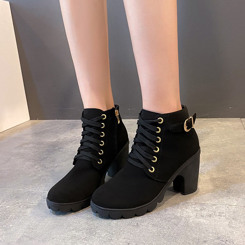 Xuanhui winter new round toe footwear latest chunky heel leather ankle boots platform slip on rear zipper booties