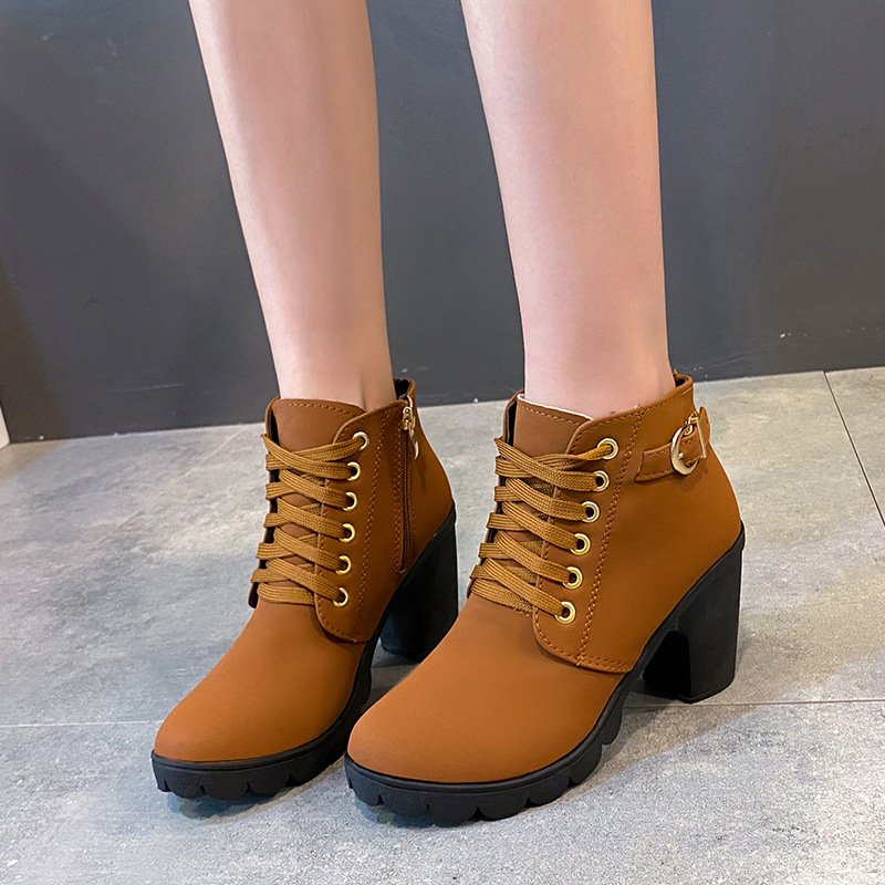 Xuanhui winter new round toe footwear latest chunky heel leather ankle boots platform slip on rear zipper booties
