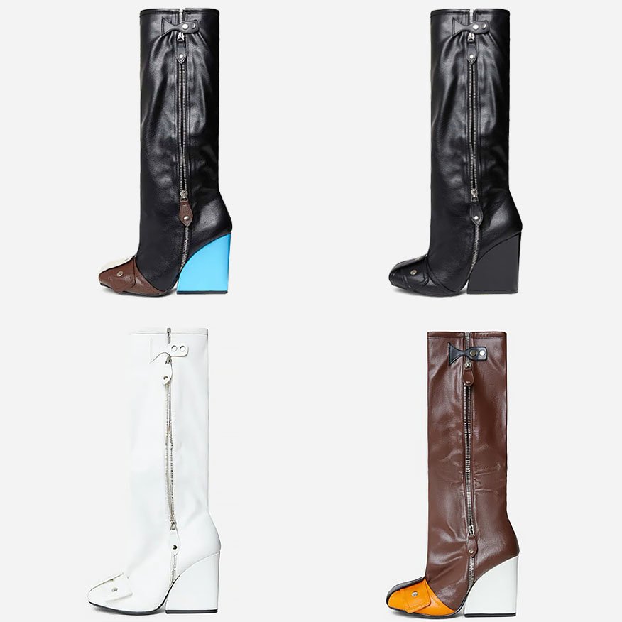 Brand Design Women's Knee-High Boots with Square Toe Outer Zipper Thick Heel Unique Shape Pants for Winter