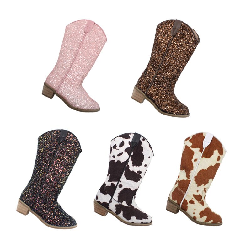 Fast shipping RTS glitter cow girl boots western cow print knight boots kids girls sparkle shoes