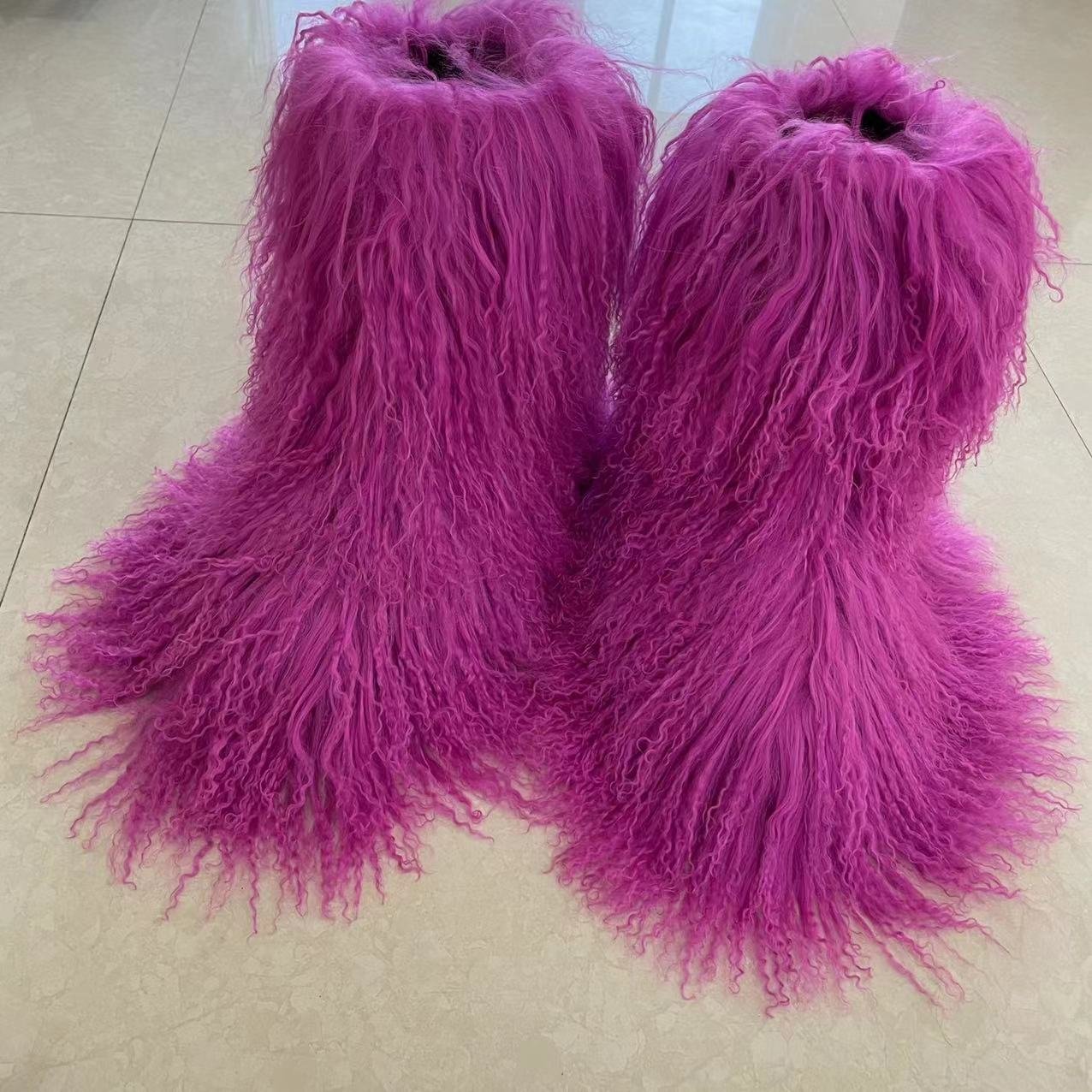 Customized Colors Luxury Snow Fur Boots Women Round Toe Mongolian Fur Boots Shoes