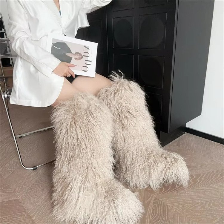 Mongolian Fur Boots Winter Ladies Snow Shoes Faux Fur Long Boots For Women
