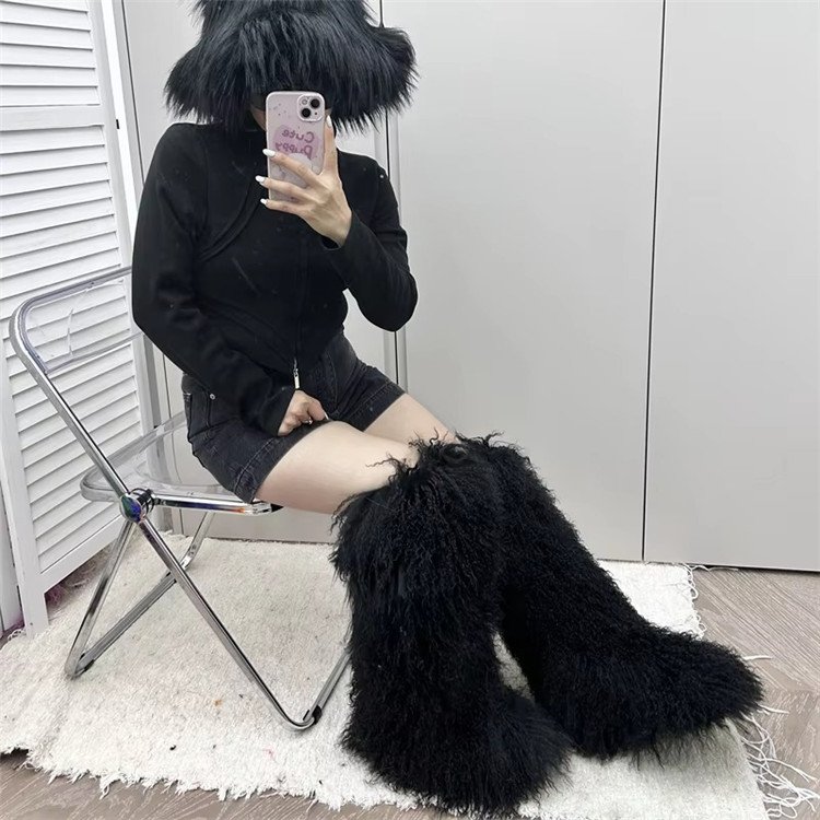 Mongolian Fur Boots Winter Ladies Snow Shoes Faux Fur Long Boots For Women