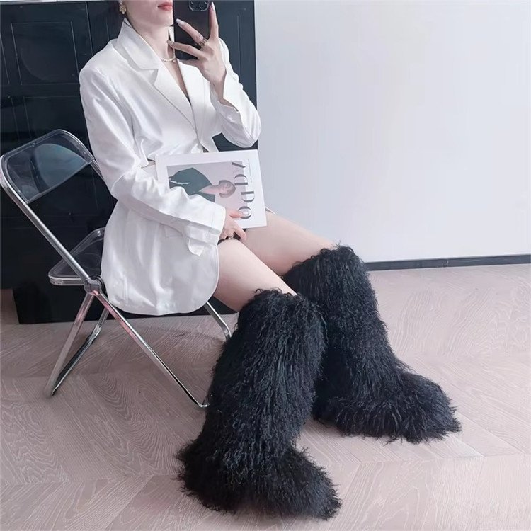 Mongolian Fur Boots Winter Ladies Snow Shoes Faux Fur Long Boots For Women