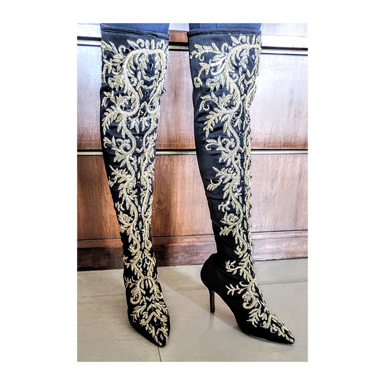 2024 Top Selling Hand Crafted Women's Hand Embroidered Lycra Knitted Fabric Long Boots | Custom Size Available