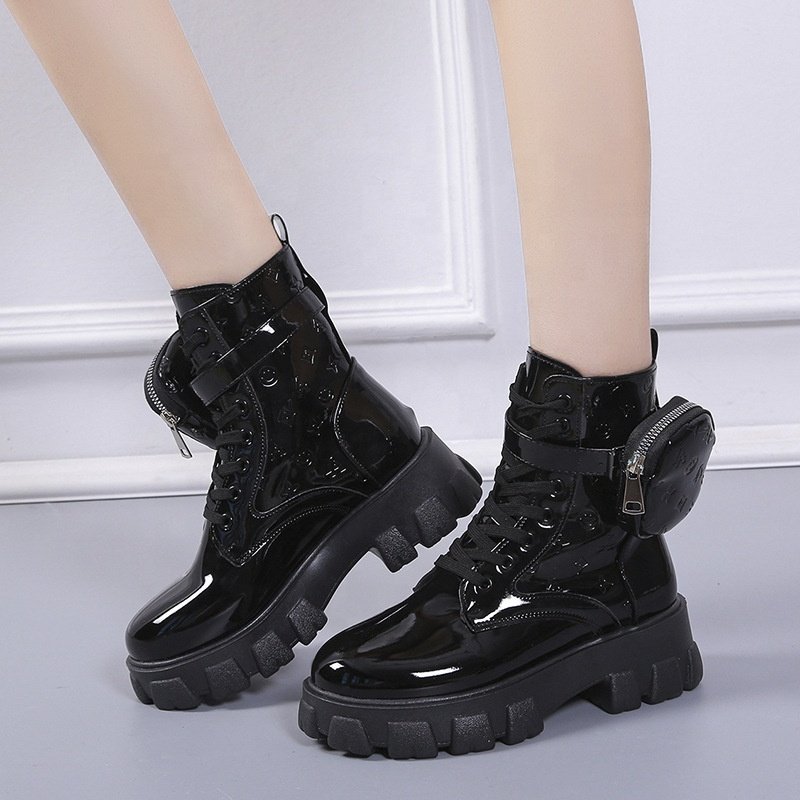 Ladies Buckle Strap Black Chunky Sole Printed Round Toe Thick Sole Lace Up British Style Fashion Wallet Boots